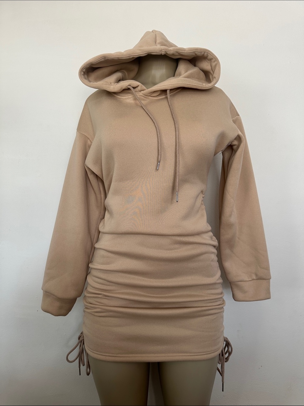 Women's Beige Hooded Ruched Sweatshirt Dress Sz S-M